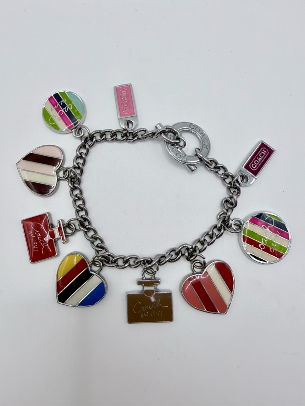 Coach Y2K Legacy Stripe Perfume Charm Bracelet Silver 2006 65th anniversary - Picture 1 of 10